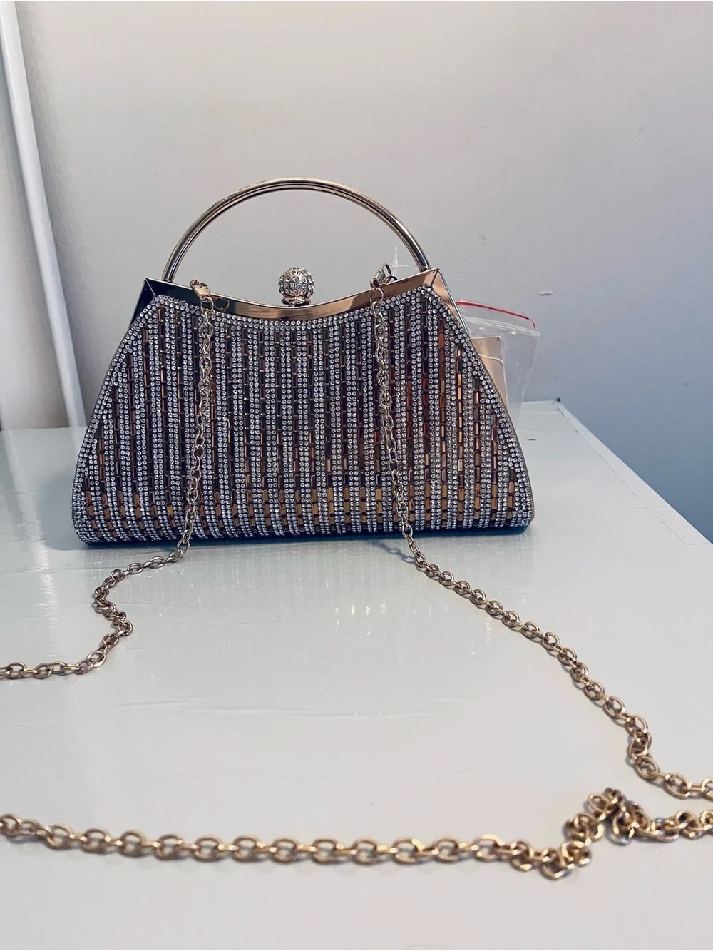 PREZZO Silver Beaded Evening Wristlet Clutch with Chain